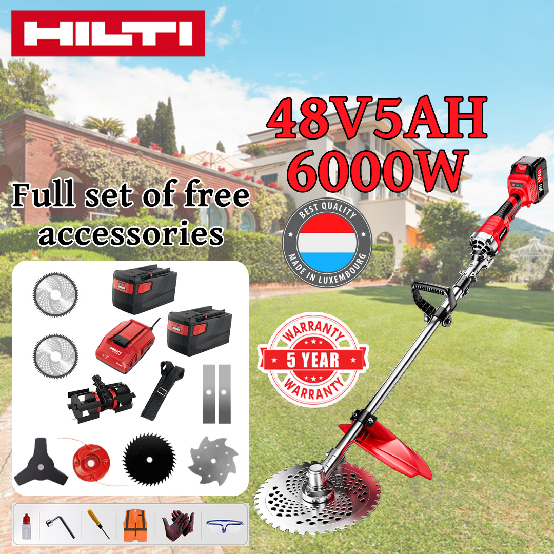 [Modelo mejorado] Cortadora de césped (6000w48V5AH) + Cabezal cultivador * 1 + Hoja de sierra de aleación * 2 + Hoja de sierra de aleación * 2 + Cabezal de corte de aleación * 1 + Cuchilla triple * 1 + Cuchilla antibloqueo * 1 + Cargador + Batería * 1 + Correa * 1 + Otros accesorios + Garantía de 5 años