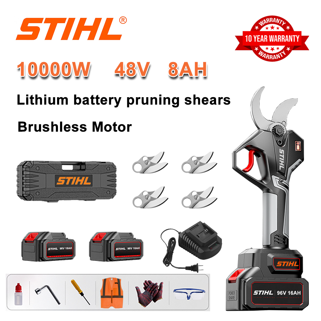 Tijera de podar con batería de litio sin escobillas de 10000 W + Batería de 48 V y 8 Ah*2 + Hoja de aleación SK9*4 + Cargador + Pantalla de alimentación LED + Caja de herramientas + Aceite lubricante + Gafas protectoras + 10 años de garantía