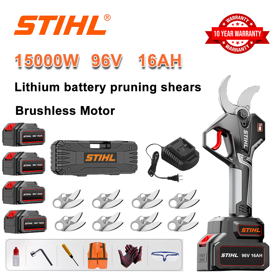 Tijera de podar con batería de litio sin escobillas de 15000 W + Batería de 96 V y 16 Ah*4 + Hoja de aleación SK9*8 + Cargador + Pantalla de alimentación LED + Caja de herramientas + Aceite lubricante + Gafas protectoras + 10 años de garantía