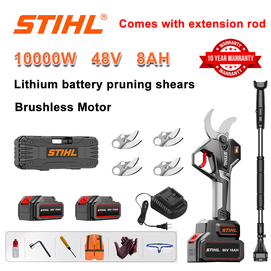 [Varilla de extensión 1,5 ~ 5 m] Tijeras de podar con batería de litio sin escobillas de 10000 W + Batería de 48 V y 8 Ah * 2 + Hoja de aleación SK9 * 4 + Cargador + Pantalla de alimentación LED + Caja de herramientas + Lubricante de aceite + Gafas protectoras + 10 años de garantía